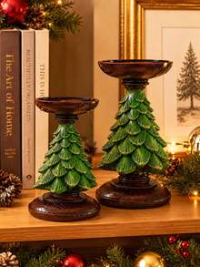 1pc Christmas Tree Candle Holder, Resin Holiday Candle Stand, Vintage Green & Brown Christmas Tabletop Decor, Suitable For Mantel, Fireplace, Dining Table, Living Room, Christmas Home Decoration, 2 Sizes - Multiple Styles - View 2