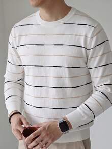 男士對比色細條紋圓領針織毛衣，極簡紋理風格，初秋輕便休閒疊穿內搭，新款毛衣 - 白色 - 查看 4