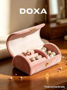 DOXA Pink Velvet Long Magnetic Jewelry Box, Portable Travel Mini Ring & Earring Storage Box - Pink - View 3