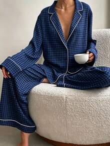 2pcs Classic Plaid Lapel Front-Opening Long Sleeve Pants Pajama Set, Simple Casual Women's Sleepwear - Navy Blue - View 1