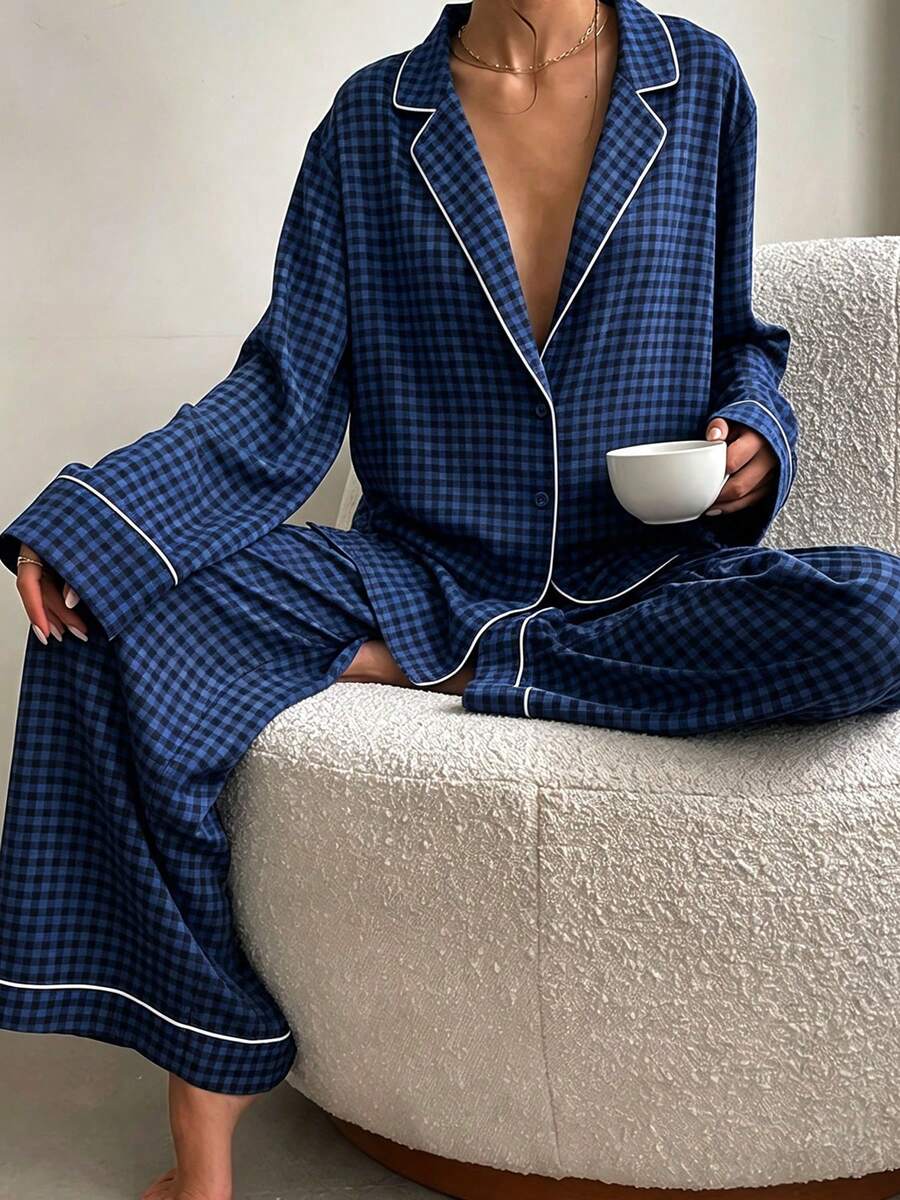 2pcs Classic Plaid Lapel Front-Opening Long Sleeve Pants Pajama Set, Simple Casual Women's Sleepwear - Navy Blue - View 1