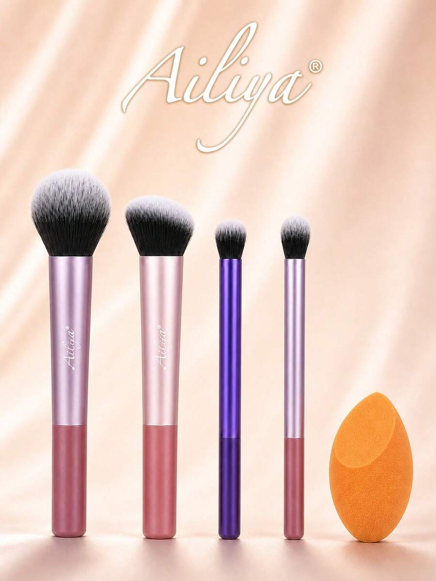 Ailiya 5-Piece Multi-Tasking Makeup Brush Set With Soft Synthetic Nylon Bristles And Aluminum Ferrules Face And Detail Brushes And Angled Makeup Sponge, Pink And Coral Beauty Tool Kit For Foundation, Powder, Blush, Contour And Everyday Makeup - Multicolor - View 1