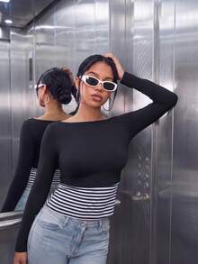 Women's Casual Boat Neck 2 In 1 Slim Fit Long Sleeve T-Shirt For Winter Fall Daily,Winter Fall Outfit,Winter Fall Clothes,Going Out,Cute - Black - View 4