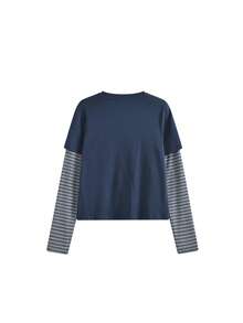 American Vintage Striped Patchwork 2 In 1 Long Sleeve T-Shirt Women Slimming Crew Neck Inner Top (Garis-garis Acak) - Navy Blue - View 6