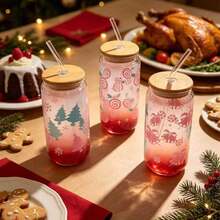 Christmas Themed Printed Glass Cup Set / Paired With Bamboo Lid. Glass Straw, Stainless Steel Straw Brush. Multiple Fun Holiday Patterns, Transparent Cup Body With Excellent Texture, Suitable For Cold Drinks, Juice, Coffee, Home Use, Holiday Gifts, Party Use, Perfect For Decorating The Atmosphere Of Winter Time. - Multicolor - View 3