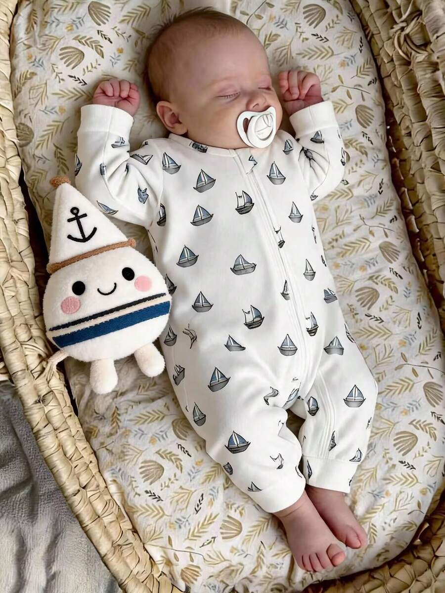 Mono con cremallera con estampado de velero para bebé niño, primavera/otoño - Blanco - Ver 1