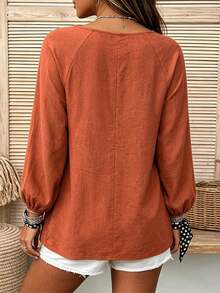Plus Size Women's Bohemian Style Ruffle Hem Cinched Waist Round Neck Long Sleeve Blouse - Burnt Orange - View 2