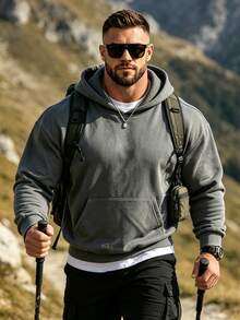 Hoodie Kasual Lengan Panjang Model Bahu Longgar Warna Polos untuk Pria, Musim Gugur/Dingin - Dark Grey - View 3