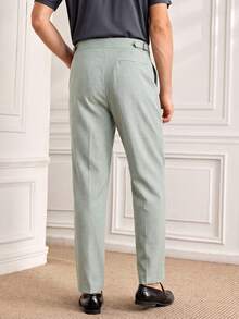 Officeau Men's Solid Color Casual Straight Leg Ankle Pants Without Belt Loops High Waisted Pleated Suit Mint Green Woven, Spring And Summer New High-Waisted - Green - View 2