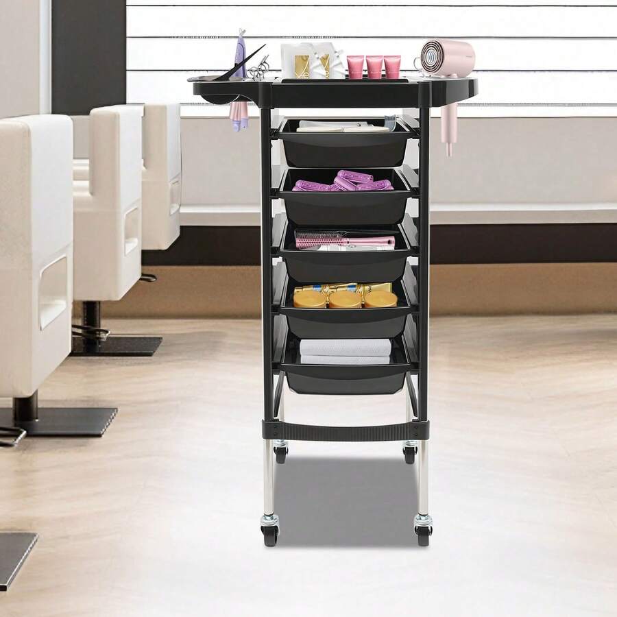 36*85.5cm,Friseurwagen, Salon Rollwagen Mit 6 Etagen, Salonwagen Mit 5 Ausziehbaren Schubladen, Salonwagen Mit Rädern, Für Stylist Friseur Haarstyling SPA - Schwarz - Übersicht 1