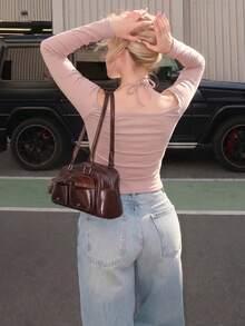 Autumn New Hot Girl Halter Neck Twisted Long Sleeve T-Shirt Slim Fit Flattering Base Layer Top - Pink - View 3