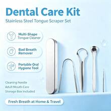 Tongue Scraper Set With Storage Box, Stainless Steel Multi‑Shape Tongue Cleaners, Fight Bad Breath, Multi‑Functional Cleaning Needle Included, Reusable Portable Dental Care Kit For Adults Household & Travel - Silver - View 3