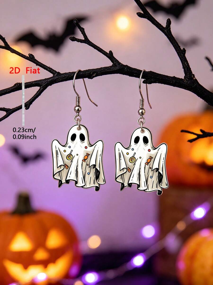 YUJUGLOW 1 Pair 2D Flat Acrylic Ghost Pendant Earrings, Halloween Pattern, Suitable For Women's Daily Wear - White - View 1