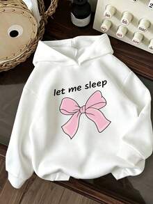 青少年女孩長袖連帽衛衣，趣味「Let Me Sleep」標語搭配粉色蝴蝶結圖案套頭運動衫，適合秋季日常穿著 - 白色 - 查看 2