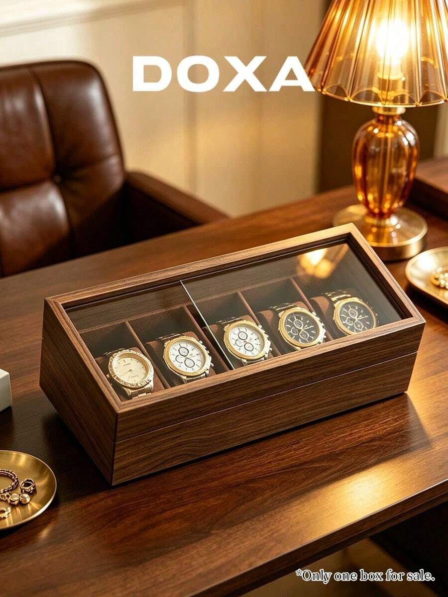 DOXA 5-Slot Watch Storage Box With Sliding Transparent Glass Lid, Dust-Proof Mechanical Watch Display & Collection Box - Brown - View 1
