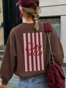 Women's Brown Short Sweatshirt, Pink Vertical Striped Ciao Bella Cursive Back Print Long Sleeve Beach Pullover - Brown - View 5