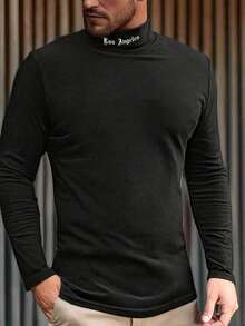 Men's High Neck Long Sleeve Shirt - Slim Fit, Top, Suitable For Running And Casual Wear, Machine Washable, Autumn/Winter, Active Lifestyle, Fashion Apparel, Smooth Fabric, - Black - View 2