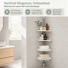 Bathroom Corner Shower Caddy, 4-Tier Tension Pole Storage Rack With Hooks, Rust-Proof White, No Drilling Required, Height Adjustable, Stable Load-Bearing, Large Capacity Multi-Layer Storage, Hooks For Bath Sponges And Washcloths, Suitable For Bathroom Shower Corner And Toilet Side, Organizes Shampoo, Body Wash And Toiletries, Moisture-Proof And Rust-Proof, Wall-, Universal Bathroom Corner Storage Rack For Home And Rental - White, Four-layer Retractable - View 6