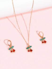 3pcs/Set Cute Cherry Rhinestone Jewelry Set Fashion Necklace Earrings Girls Daily Accessories Party Small Gift - one-size - View 7