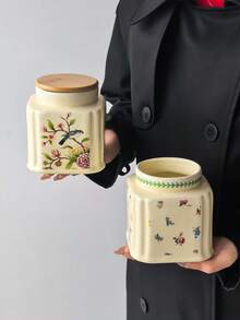 1pc French Vintage Floral Ceramic Storage Jar, Multi-Purpose Square Shape With Round Lid, Round Ceramic Airtight Canister, Coffee Bean Container, Suitable For Kitchen Spices, Coffee, Grains, Candy, Cookies, Home Kitchen Table Decor - Multicolor - View 7