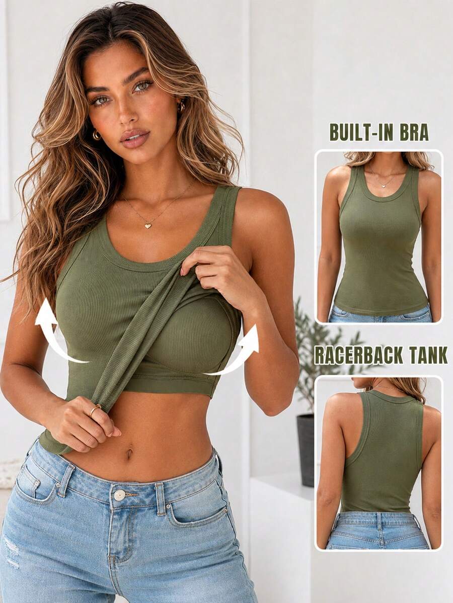 Top básico de punto acanalado con cuello redondo, ajustado, sin mangas, con sujetador incorporado, casual y elegante para el verano