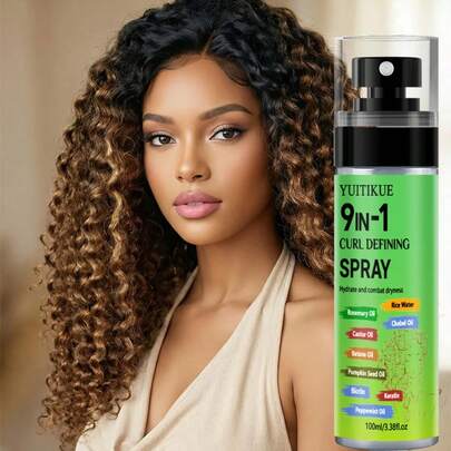 YUITIKUE 9-In-1 Curl Defining Spray For Curly Hair Hydrating Anti Frizz Hold Long Lasting Hair Care Styling Mist With Rosemary Castor Oil Keratin Biotin 100ml / 3.38fl.Oz