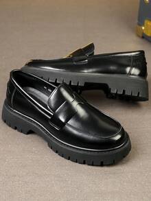 Men's Minimalist Thick Sole Slip-On Loafers, Comfortable Business Casual Daily Wear Shoes - Black - View 4