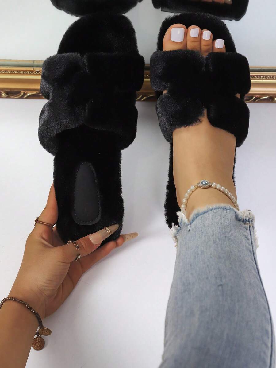 Women's Fashionable Comfortable Soft Home Slippers, Fuzzy Slippers, Women's Fluffy Open Toe Platform Slippers, Comfortable Solid Color Non-Slip Shoes, Soft Non-Slip House Slippers - Black - View 1