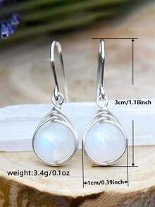 Stone Drop Earrings Vintage Hook White Stone Oval Decor Drop Earrings - Silver - View 3