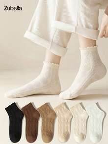 6 Pairs Women's Wood Frill Trim Socks, Spring/Autumn Mid-Calf Solid Color Short Socks, Stacked Socks, Seamless White Socks, Soft Comfortable Fashion Sweet, Suitable For Home, Outings, Sports, Various Occasions - Multicolor - View 8