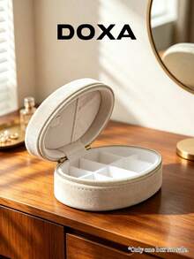 DOXA Beige Oval Velvet Zipper Jewelry Organizer Box With Compartments Anti-Tangle Earring Ring Necklace Travel Portable Storage Box - Off-white - View 5