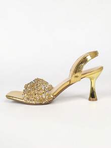 Women's Elegant Gold Fine-Textured High Heel Sandals, Open Toe Square Toe Stiletto Heels, Sparkling Rhinestone Decor, Sexy For Summer Festivals, Evening Parties, Gatherings, Runway, Daily Wear And Outdoor Activities - Gold - View 6