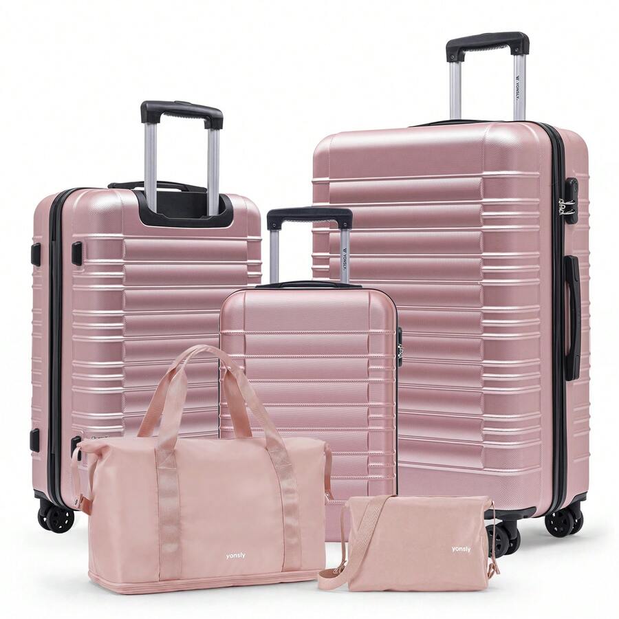 YONSLY Suitcase Set With Combination Lock 4 360° Wheels Mesh Pocket Soft Rubber Handle Nylon Toiletry Bag Travel Bag And 16+20 Inch Travel Suitcase - 玫瑰金 - 查看 1