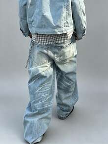 Vintage Light Blue Gradient Washed Lantern Jeans, Loose Wide Leg Draped Pleated Design, American Street Style Daily Commute Hip-Hop Casual Denim Pants - Light Wash - View 2