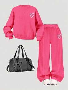 Tween Girl Cartoon Print Crew Neck Long Sleeve Top And Long Pants - Hot Pink - View 3