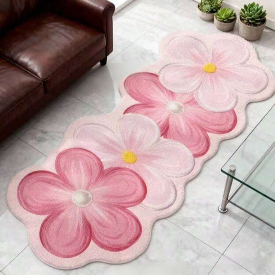 1PC Pink Floral Cluster Faux Cashmere Plush Rug, Thickened Washable Autumn Winter Floor Mat, Casual Decorative Small Carpet For Living Room, Bedroom & Light Outdoor Home Decor