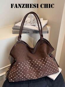 Influencer Style Polka Dot Tote Bag With Colorblock Design, 3D Letter Print, Soft Body, Large Capacity Storage, Women's Casual Underarm Bag - Coffee - View 9