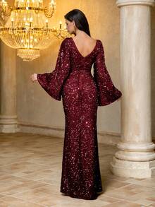 Women's V-Neck Backless Flare Sleeve Sequin Bodycon Party Dress - Burgundy - View 2