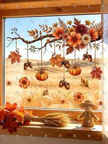 1pc 2D Flat Printed Pumpkin Acorn Flower Autumn Hanging Branch 11.81*17.72 Inch Window Sticker, Creative Self-Adhesive Removable Double-Sided Visible PVC Decorative Sticker - D - View 2