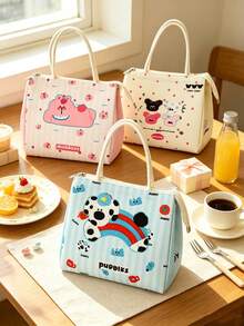 1pc Japanese Cute Style Animal Print Handheld Lunch Bag, Woven Handle, Adorable Pet Pattern, Thickened Inner Layer Insulation, Portable For Students, Office, Picnic, Outdoor, Daily Use, All Seasons, Back To School, Christmas Gift - Multicolor - View 6