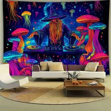 巫師 DJ 掛毯 霓虹發光水母與彩色蘑菇印花 牆掛布 星空銀河背景 客廳 宿舍 臥室 唯美嬉皮居家藝術裝飾布 - 水母蘑菇 - 查看 2