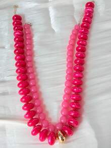 2/1pc Fashion Elegant Graceful Casual Vintage Fairy Style Pink Blue Green Geometric Pattern Resin Beaded Necklace Set For Women, Vacation Party Date Travel Shopping Beach Seaside Banquet Daily Wear Versatile Combination - Pink - View 4