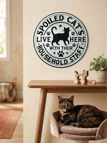 Vintage Round Cat Metal Sign - 8x8 Inch Black & White Kitty Household Staff Wall Plaque, Rustic Hanging Sign For Front Door, Kitchen & Room,Cat Lover Gifts,Cat Mom Decor,Cat Kitten Sign,Pet Memorial / Humor - 彩色 - 查看 2