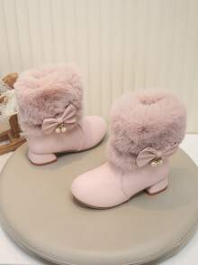 Girls' Pink Plush Bow High Heel Ankle Boots, Thermal Lined Thickened Winter Pearl Princess Dress Boots - Pink - View 3