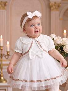 Baby Girls' Cute Elegant Ruffled Collar Puff Sleeve Cardigan With Bow Decor Paired With Bowknot Strap Mesh A-Line Dress, 2-Piece Outfit For Girls, Suitable For Daily, Party, Outing In Spring/Summer - Multicolor - View 3