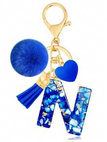 Cute A-Z Initial Keychain With Royal Blue Pom Pom, Heart And Tassel, Minimalist Personalized Key Chain For Women, Bag Charm, Daily Wear Accessory And Gift - Royal Blue - View 25