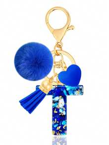Cute A-Z Initial Keychain With Royal Blue Pom Pom, Heart And Tassel, Minimalist Personalized Key Chain For Women, Bag Charm, Daily Wear Accessory And Gift - Royal Blue - View 27