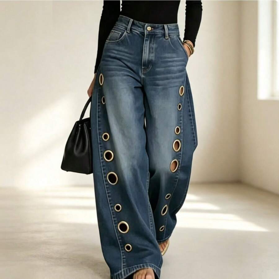 Pantalones vaqueros de color liso para mujer con detalles metálicos, corte holgado, estilo mom jeans - Azul vintage - Ver 1