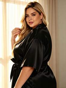 Plus Size Customized Name Women's Wedding Morning Robe, Personalized Bride & Bridesmaid Pajamas, Elegant Bridesmaid Gift, Customized Text Nightgown For Morning Preparation - Black - View 3