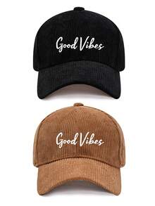 1pc/2pcs Vintage Corduroy Baseball Cap For Women, Printed With "Good Vibes" Letter, Adjustable Strap, Spring/Autumn Street Style Hat - Multicolor - View 20